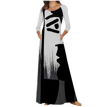#60 Moterų Mados Padėties Nustatymo Spausdinti Ilgomis Rankovėmis Ilgas Sijonas Kišenėje Suknelė Alternatyvių Drabužių Naujas Stilius Žiemos Vestido