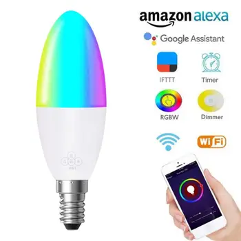 1 Vnt 6W WiFi Smart Lemputė LED RGB E14/E26/E27/B22 Spalva Keičiasi Lemputės Darbo Su Alexa 