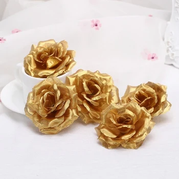 (100 vnt.), 8cm Aukso Mini Dirbtinių Rožių Šilko Gėlių Galvų, Rankų darbo 
