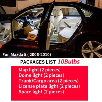 10vnt Aukštos Kokybės Auto LED Lemputes, Interjero Rinkinys 2006 m. 2007 m. 2008 M. 2009 M. 2010 M. Mazda 5 Canbus Led Žemėlapis Dome Licencijos numerio ženklo apšvietimo Žibintas