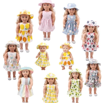 18 colių Mergaičių lėlės suknelė Puikus vasaros spausdinti suknelė + hat Amerikos naujagimių drabužiai, žaislai tinkami 43 cm kūdikių lėlės c489