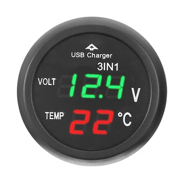 1pc 120W 3 In 1 Raudona Žalia LED Skaitmeninis Displėjus, Automobilių Voltmeter Termometras Metrų Stebėti Įtampos USB Keitiklis Cigarečių Degiklio Įrankis
