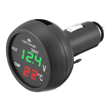 1pc 120W 3 In 1 Raudona Žalia LED Skaitmeninis Displėjus, Automobilių Voltmeter Termometras Metrų Stebėti Įtampos USB Keitiklis Cigarečių Degiklio Įrankis