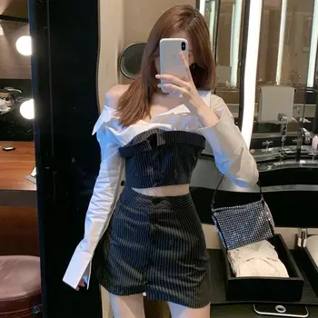 2 Gabalas Rinkinių, Moteriški Drabužiai Streetwear Elegantiškas Apkarpyti Viršūnes+ Juostele Mini Sijonai Y2k Mados Kostiumai Korėjos Stiliaus 2020 M. Rudens Drabužių