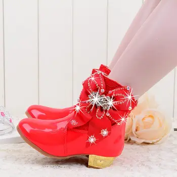 2018 Merginos Princesė aukštakulnį Sniego Batai su Drugelio & Pliušas, Vidurio Blauzdos, Blizgučiai Nėrinių PU Odos Šalies batų rožinė raudona