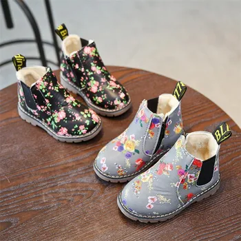 2018 nauja vaikų spausdinti Martin batai žiemą, vaikų drabužiai mergaitėms butas su šilti batai PU sniego batai merginos batai Zip