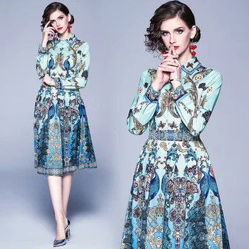 2019 Derliaus Plisuotos Marškinėliai Suknelė Moterims Blue Peacock Suknelė Kilimo Ir Tūpimo Tako Dizainerių Suknelės Kokybės Nėrinių Lankas Mados Gėlių Skraiste Femme