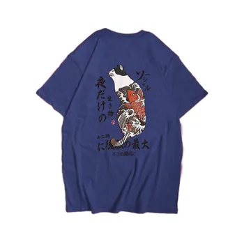 2019 Hip-Hop Marškinėliai Vyrams Japonų Ukiyo-E Katė T-shirt Harajuku Streetwear Atsitiktinis Marškinėlius trumpomis Rankovėmis Vasaros Viršūnes Tee Medvilnės