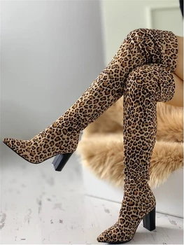 2019 leopard didelis dydis 43 Nurodė Kojų Per kelius siekiantys Batai moteris 8cm aukšti kulniukai prabangus Dizainas stambusis obcasie moterų Bateliai moteris