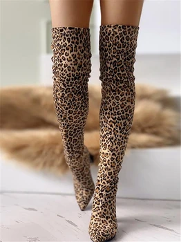 2019 leopard didelis dydis 43 Nurodė Kojų Per kelius siekiantys Batai moteris 8cm aukšti kulniukai prabangus Dizainas stambusis obcasie moterų Bateliai moteris