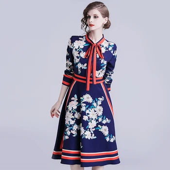 2019 m. Pavasario rudens Mados kilimo ir tūpimo Tako Suknelė Moterų ilgomis Rankovėmis Lankas Apykaklės Spalvotų Gėlių Spausdinti Vintage Suknelė