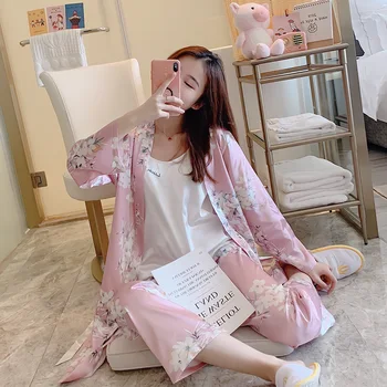 2019 m. Pavasarį, Rudenį Moterų 3 Gabalus Pižama Rinkiniai Šilko naktiniai drabužiai Gėlių Spausdinti Pijama Satino Sleepwear Plonas Homewear Nightsuits