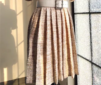 2019 m. Rudenį moteris aukštos kokybės diržas tvido plisuotos suknelė, Prašmatnus OLIS trumpomis rankovėmis suknelė B215