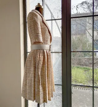 2019 m. Rudenį moteris aukštos kokybės diržas tvido plisuotos suknelė, Prašmatnus OLIS trumpomis rankovėmis suknelė B215