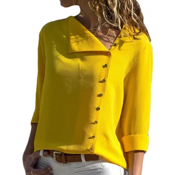 2019 m. rudenį naujų 6 spalvų mygtukus nereguliarus ilgomis rankovėmis moterų Šifono marškinėliai mados Pakreipus apykaklės ponios šifono marškinėliai