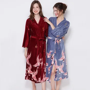 2019 m. Rudenį, Žiemą Naujas Veliūras Moterų Apdaras Rinkinys 2VNT Sleepwear Atsitiktinis Chalatas Kimono Seksualus naktiniai drabužiai Nuotaka Bridesmaid Padažu Suknelė