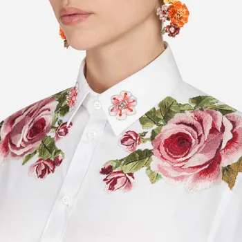 2019 M. Vasarą Elegantiškas Gėlių Spausdinti Moterims Palaidinės, Marškinėliai Kilimo Ir Tūpimo Tako Diamond Ilgomis Rankovėmis Moteriška Balta Palaidinė Viršūnes Drabužiai