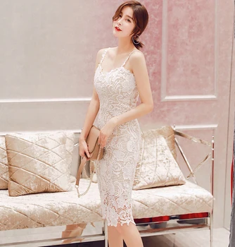 2019 Moterys Vasarą Nėrinių Suknelė Oficialų V-kaklo, Elegantiškas Vakare Šalies Baltos Suknelės Kelio Ilgis Vestidos