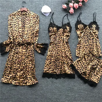 2019 Naujas Leopard Print Seksualus Vasaros Moterų Pižama Rinkiniai Ilgomis Rankovėmis Ziajać Twinset Pyjama