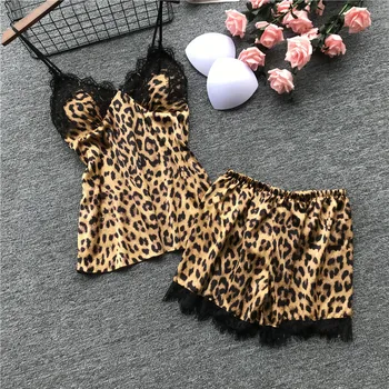 2019 Naujas Leopard Print Seksualus Vasaros Moterų Pižama Rinkiniai Ilgomis Rankovėmis Ziajać Twinset Pyjama