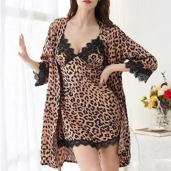 2019 Naujas Vasaros sprogimo nightdress dviejų dalių naujų moterų sexy nėrinių apatinius, chalatas, leopardas nightdress пижама gecelik 40*