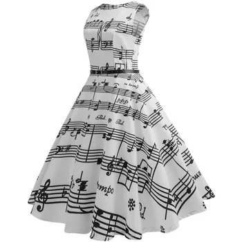 2019 Vasaros Derliaus Muzikos Pažymi Spausdinti Hepburn Swing Suknelė Moterų Berankovis Plisuotos Prom Šalis Suknelė Vestidos De Fiesta Noche