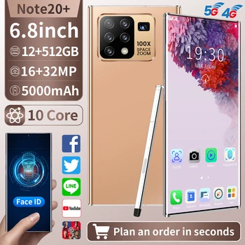 2020 6.8 Colių Galax Note20+ MobilePhone Pasaulio Versija Tinklo 12G 512G Octa Core Snapdragon865 išmaniųjų telefonų Ragelis Galxy Note20