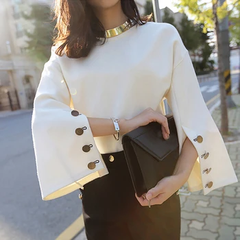 2020 autunmn žiemos Naujas Modelis Ragų Rankovės Baltos spalvos Zomšinės Striukės Moteris Panele Kokybės marškinėliai, Japonija, Pietų Korėja camisa feminina