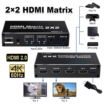 2020 HDMI Matricos 2x2 4K @ 60 hz 3D HDMI Jungiklis Splitter 2 2 iš YUV 4：2：0 2.0 HDMI Matrix Switcher 4K už PS4 Pro 