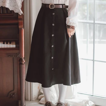 2020 KARŠTO Saldus Sijonas Moterims Rudens žiemos Preppy Stilius Derliaus Aukšto juosmens Kietas Medvilnės sijonas Mygtuką Retro moterų sijonai
