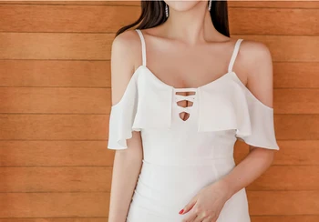2020 Korėja Vasaros Raukiniai Dirželis Balta Suknelė Moterų Bodycon Tuščiaviduriai Iš Kelio Ilgis Seksualus Šalies Vestidos