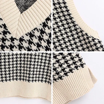 2020 Liemenė Moterų Megztinis Megztinis Liemenė Megztos Mados Chic Viršūnes Houndstooth Prarasti Moterų Megztiniai Moterims Vintage Drabužių