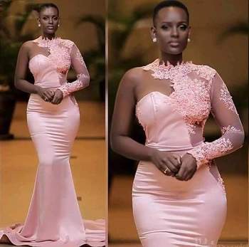 2020 M. Afrikos Rožinė Undinė Vakaro Suknelės Vienos Pečių Appliques Nėrinių Dubajus, Saudo Arabų Ilgomis Rankovėmis Vakare Gown Prom Dress