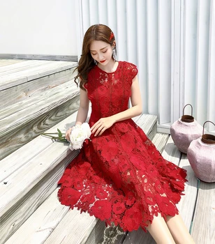 2020 m. Aukštos kokybės Moterų Šalis Suknelė Senovinių Raudonų Nėrinių O Kaklo kilimo ir tūpimo Tako Suknelė Elegantiškas Ponios Suknelės Vasaros Drabužių Moterims