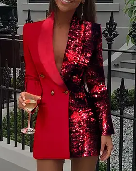 2020 M. Moteris Office Colorblock Dress Kratinys Švarkas Ilgomis Rankovėmis Suknelė V Kaklo Blizgančiais Dvigubo Breasted Švarkas Suknelė