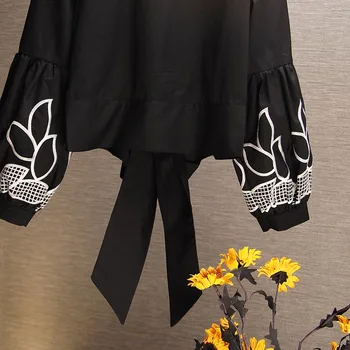 2020 m. Pavasario ir Vasaros Atsitiktinis Marškinėliai Moterims korėjos Elegantiškas Išsiuvinėti Žibintų Rankovės Medvilnės Marškinėliai Moterims Puloveris O-Kaklo Marškinėliai