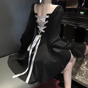 2020 M. Pavasarį Moterys Mados Juoda Mini Suknelė Juostelės Nėriniai Atgal Ilgas Rankovėmis Varpo Šalis Suknelė Retro Vintage Prancūzijos Linija Suknelė