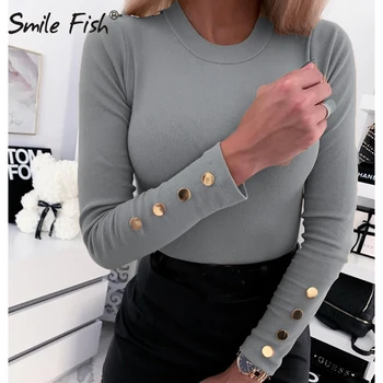 2020 m. Pavasarį Moterų marškinėliai Mygtukai ilgomis Rankovėmis Viršūnes, O-Neck Slim Basic Marškinėliai Kieto 2XL Plius Dydžio Trišakius Office Lady Tshirts G1184