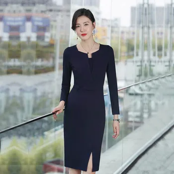 2020 m. Rudens ir žiemos vidurio ilgio suknelė temperamentas apvalios kaklo universalus, seksualus, elegantiškas stilius rodo, plonas juosmens padalinta sijonas