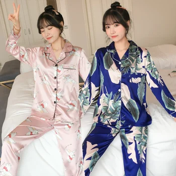 2020 m. Rudenį ilgomis Rankovėmis Šilko Satino Spausdinti Pižama Rinkiniai Moterims korėjos Sleepwear Kostiumas Pižamos Homewear Pijama Mujer Namų Drabužiai