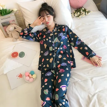 2020 m. Rudenį ilgomis Rankovėmis Šilko Satino Spausdinti Pižama Rinkiniai Moterims korėjos Sleepwear Kostiumas Pižamos Homewear Pijama Mujer Namų Drabužiai