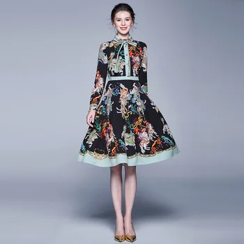 2020 m. Rudenį Moterys Derliaus Suknelės kilimo ir tūpimo Tako Kokybės ilgomis Rankovėmis Gėlių Spausdinti Elegantiškas Midi Suknelė Vestido Skraiste Femme lanką juosmens į viršų