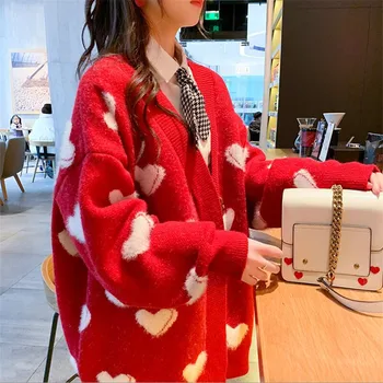 2020 m. Žiemos Moterys Ir susagstomi megztiniai Megztinis su V-kaklo, ilgomis Rankovėmis Purus Megzti Džemperis Širdies Streetwear Raudona Striukė Kailis