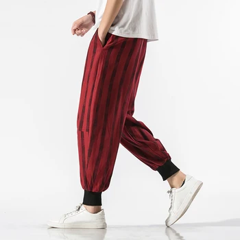 2020 Medvilnės Haremo Kelnės Vyrams Baggy Pants Korėjos Stiliaus Dryžuotas Mens Tarpkojo Pločio Kojų Kelnės Atsitiktinis Laisvas Kelnes Pantalones Hombre
