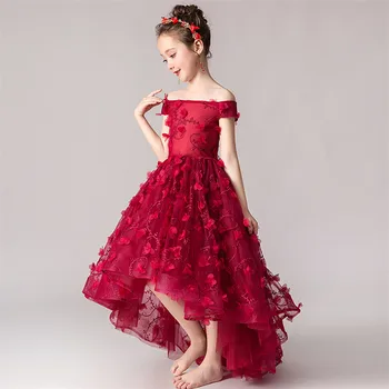 2020 metų Vasaros Elegantiškas Vaikų Mergaičių Vyno raudona Shoulderless Gimtadienis, Vestuvės Gėlės Prom Dress, Vaikams, Paaugliams Priimančiosios Kostiumas Suknelė
