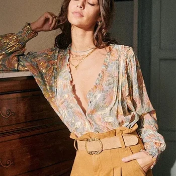 2020 metų Vasaros Rudens Naujasis prancūzijos Elegantiška Palaidinė Sexy V-kaklo Aukso Gija Spausdinimo Buttuon Žibintų ilgomis Rankovėmis Laisvi Marškinėliai Moterims
