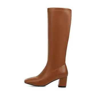 2020 minkštos PU kietos rudos spalvos juodas kvadratas kojų moterų kelio ilgi batai blokuoti aukšti kulniukai žieminiai batai moterims papildomų didelis dydis 33-48