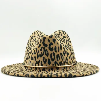 2020 Naujas Moterų Mados Derliaus Platus Kraštų Sunku Pajuto, Fedora Skrybėlės Vyras Leopardas Spausdinti Kepurės su diržu