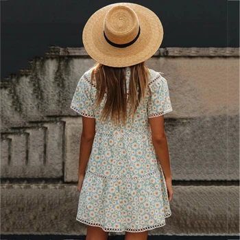 2020 naujas moterų vasaros spausdinti apvalios kaklo nėrinių susiuvimo big swing suknelė