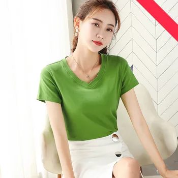 2020 nauji moteriški marškinėliai kieto spalvų slim paprasta T-shirt, moterų trumparankoviai atsitiktinis V-kaklo viršų T-shirt